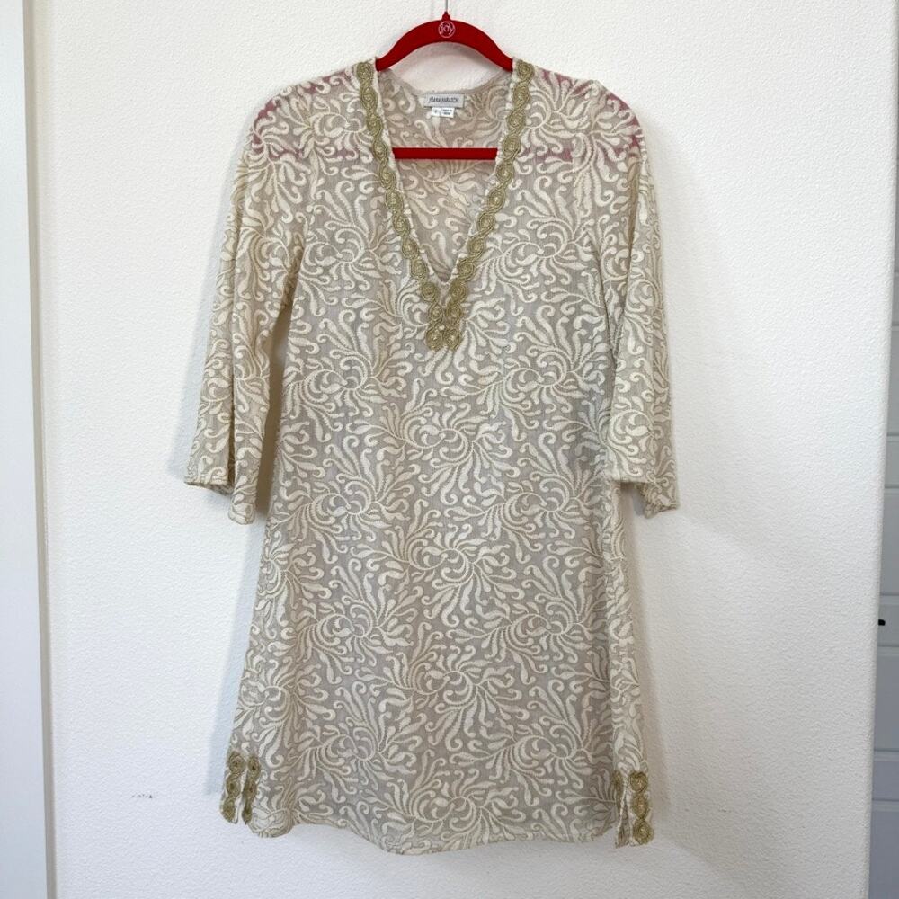 Yoana Baraschi Metallic Embroidered Shift Dress Beige Gold Small Cocktail Party